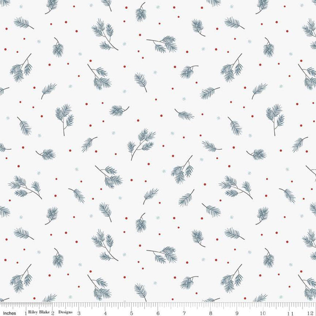 SALE Winterland Spruce C10711 Off White - Riley Blake Designs - Pine Sprigs Snowflakes Dots  - Quilting Cotton Fabric
