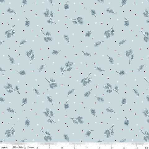 CLEARANCE Winterland Spruce C10711 Sky - Riley Blake - Pine Sprigs Snowflakes Dots Blue  - Quilting Cotton Fabric