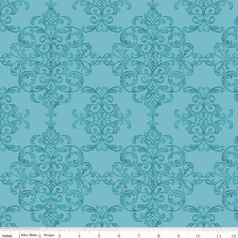Lucy June Damask C11222 Aqua - Riley Blake Designs - Blue Tone-on-Tone - Quilting Cotton Fabric