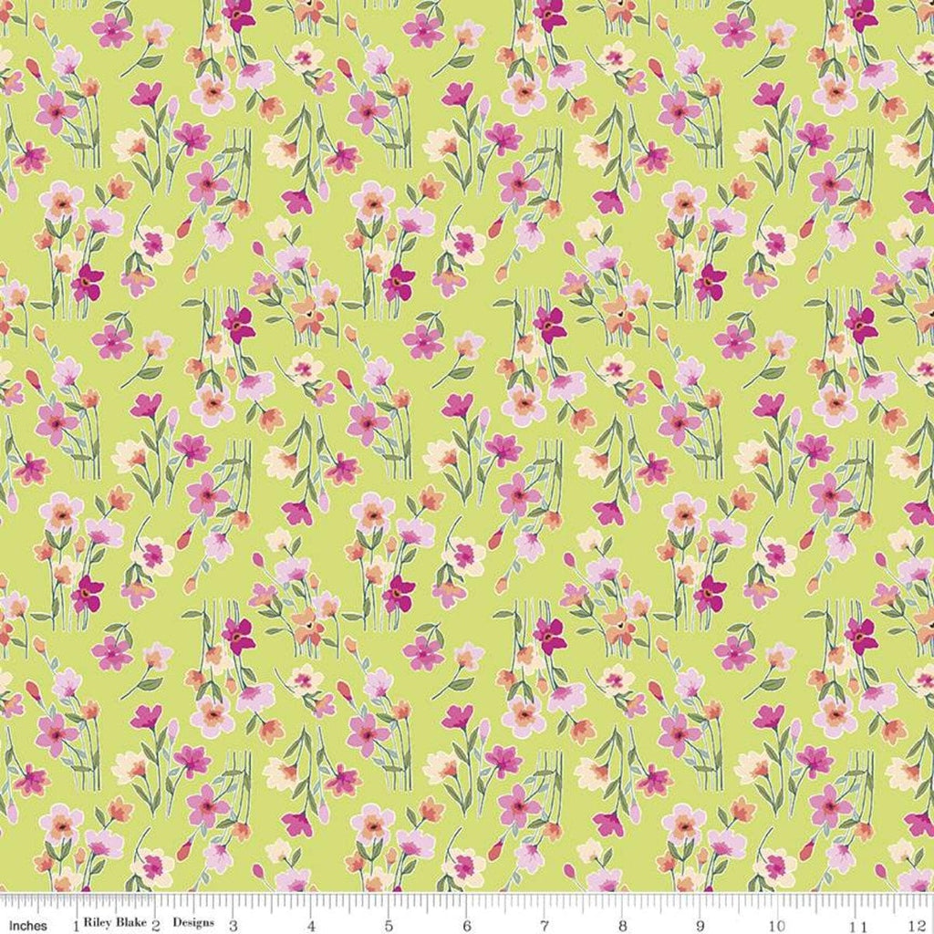 11" End of Bolt - Lucy June Stems C11224 Lime - Riley Blake Designs - Floral Flowers Green - Quilting Cotton Fabric