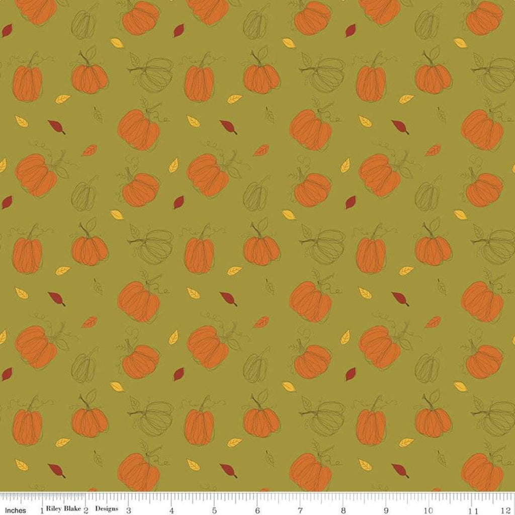 SALE Adel in Autumn Pumpkins C10821 Olive - Riley Blake Designs - Fall Pumpkin Leaves Green - Quilting Cotton Fabric