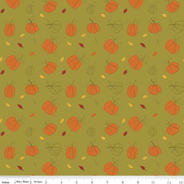 CLEARANCE Adel in Autumn Pumpkins C10821 Olive - Riley Blake Designs - Fall Pumpkin Leaves Green - Quilting Cotton Fabric