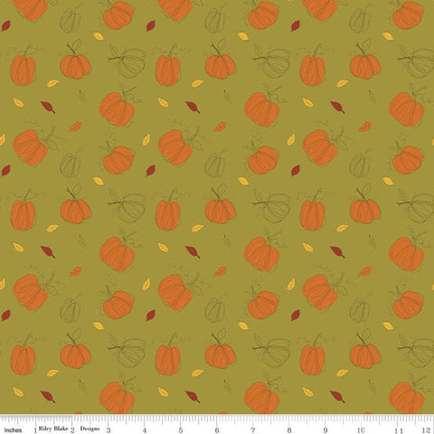 SALE Adel in Autumn Pumpkins C10821 Olive - Riley Blake Designs - Fall Pumpkin Leaves Green - Quilting Cotton Fabric