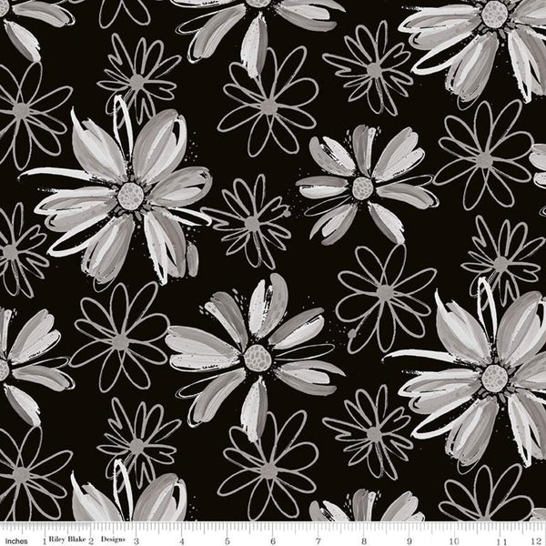 25" End of Bolt - SALE KNIT Flowers KD11241 Black - Riley Blake - Floral Daisies - Digitally Printed Jersey KNIT Cotton Stretch Fabric