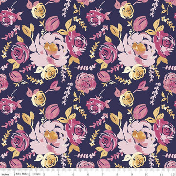 22" End of Bolt - DEAL KNIT Floral Navy Blue Floral Fabric - KD11256 - Riley Blake Jersey Knit Cotton Stretch Fabric - Digitally Printed