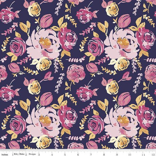 22" End of Bolt - DEAL KNIT Floral Navy Blue Floral Fabric - KD11256 - Riley Blake Jersey Knit Cotton Stretch Fabric - Digitally Printed