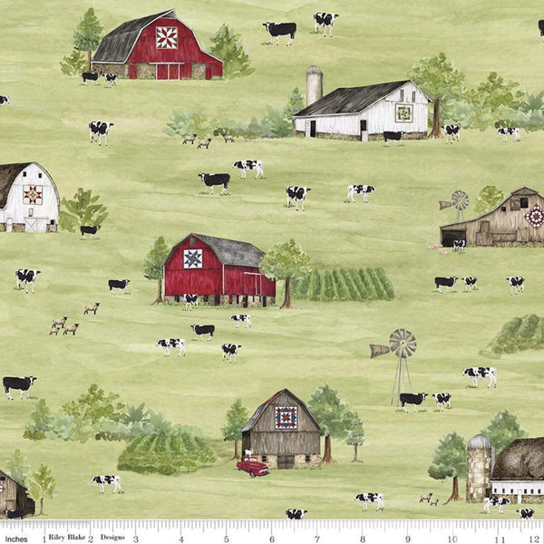 SALE Barn Quilts Main CD11050 Green - Riley Blake - DIGITALLY PRINTED Barns Cows Fields Trees Windmills - Quilting Cotton