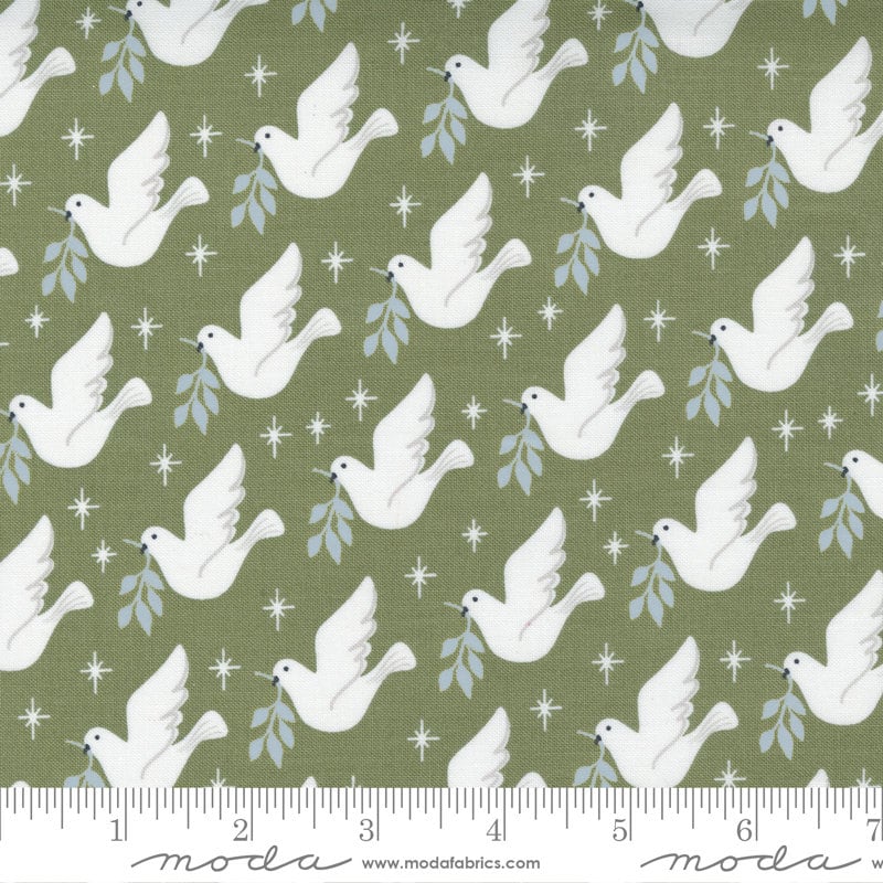 Christmas Morning Lovey Dovey 5141 Pine - Moda Fabrics - Birds Doves Leaves on Green - Quilting Cotton Fabric