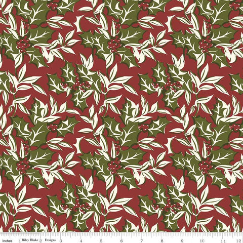 SALE Christmas at Buttermilk Acres Winterberry C10901 Red - Riley Blake Designs - Holly Leaves Berries - Quilting Cotton Fabric