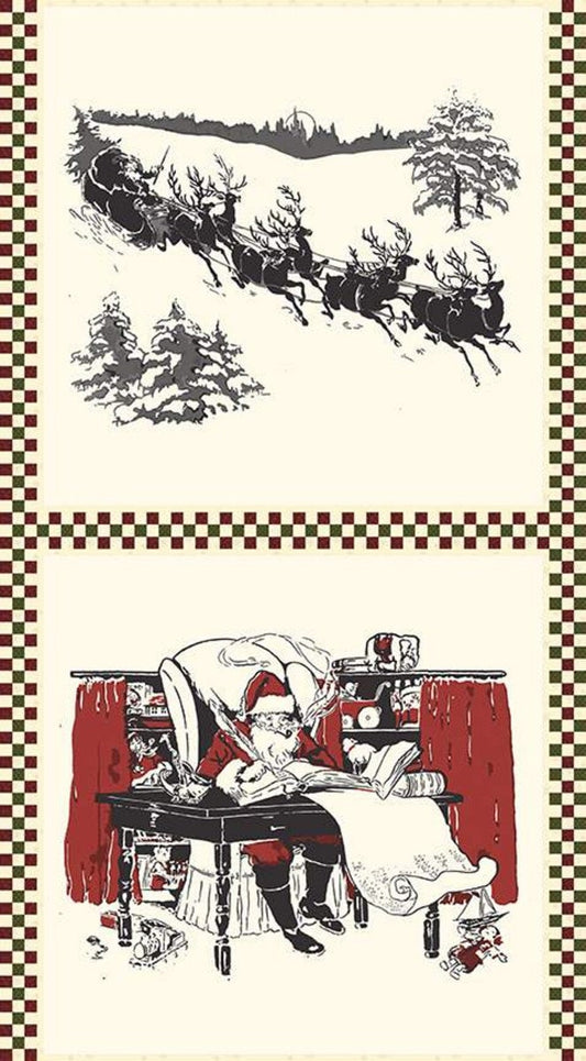 DEAL Christmas at Buttermilk Acres Pillow Panel P10912 Sleigh - Riley Blake Designs - Santa Claus Reindeer Cream - Quilting Cotton Fabric