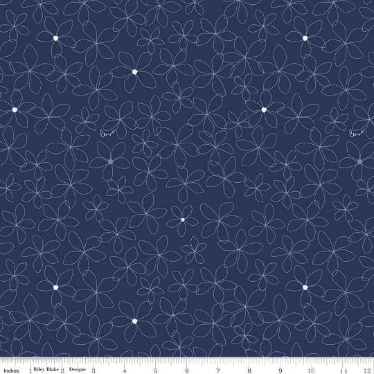 15" End of Bolt - SALE Something Borrowed Petals K9175 Navy - Riley Blake Designs- White Flower Outlines -Jersey KNIT Cotton Stretch Fabric