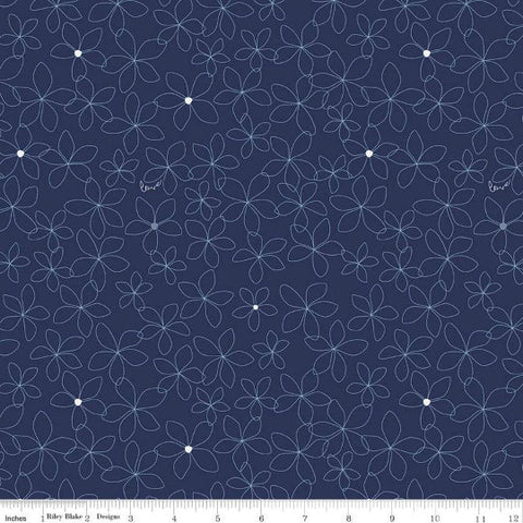 Something Borrowed Petals K9175 Navy - Riley Blake Designs- White Flower Outlines -Jersey KNIT Cotton Stretch Fabric