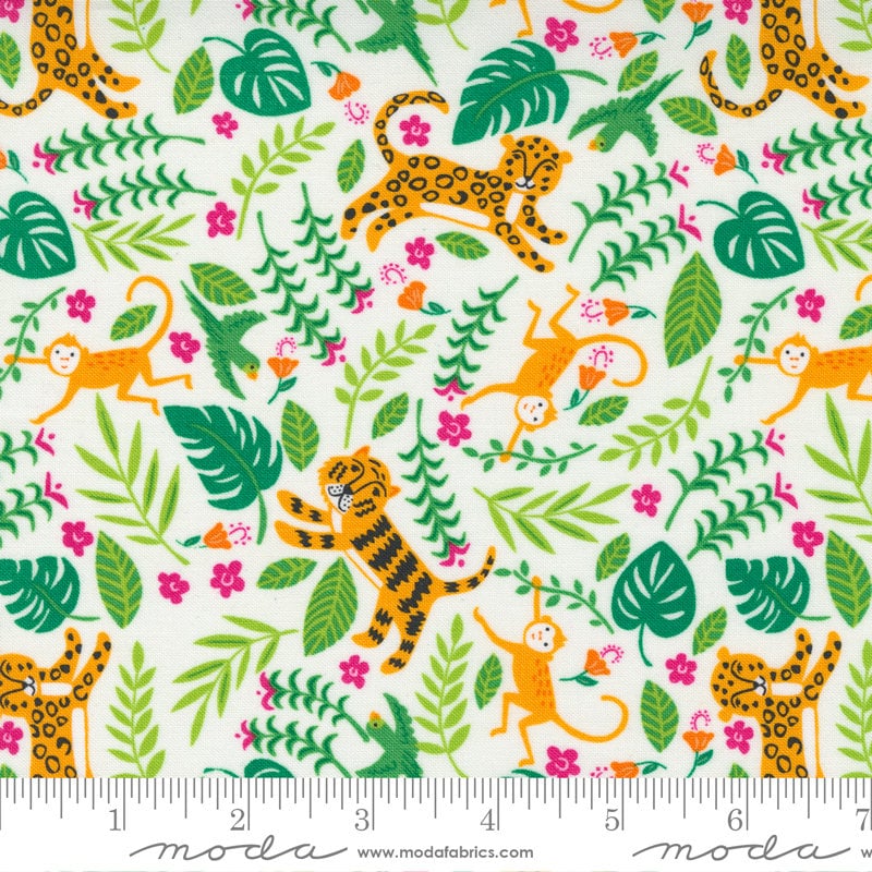25" End of Bolt Piece - Jungle Paradise Jungle Fun 20783 Cloud - Moda Fabrics - Tigers Birds Leaves Off White - Quilting Cotton Fabric