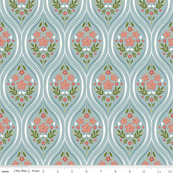 29" End of Bolt Piece - SALE Primrose Hill Damask C11061 Aqua - Riley Blake Designs - Floral Flowers - Quilting Cotton Fabric