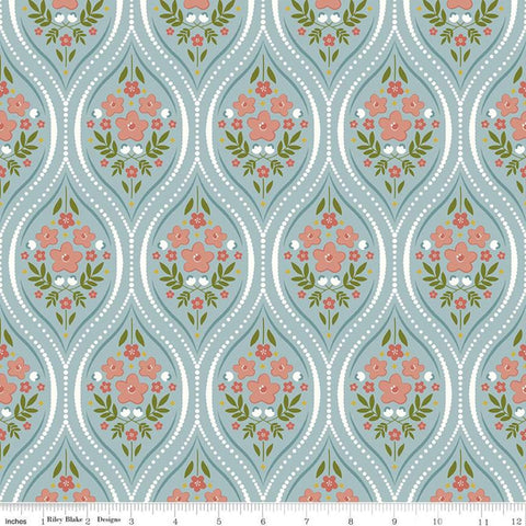 29" End of Bolt Piece - SALE Primrose Hill Damask C11061 Aqua - Riley Blake Designs - Floral Flowers - Quilting Cotton Fabric