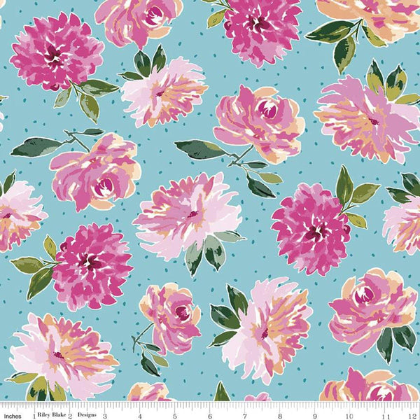 SALE Lucy June Flowers C11221 Aqua - Riley Blake Designs - Floral on Dotted Blue - Quilting Cotton Fabric