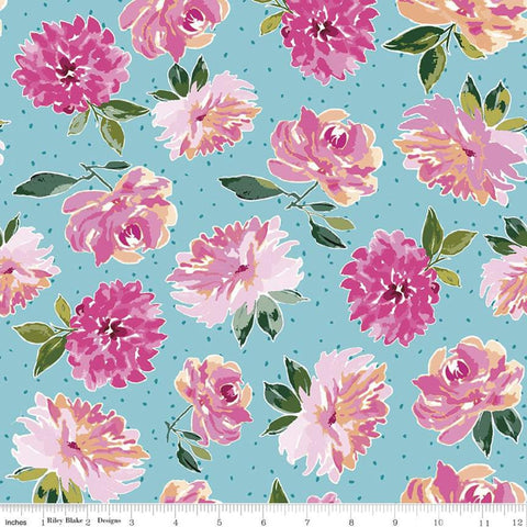 Lucy June Flowers C11221 Aqua - Riley Blake Designs - Floral on Dotted Blue - Quilting Cotton Fabric
