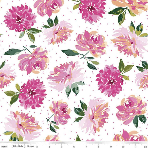 SALE Lucy June Flowers C11221 White - Riley Blake Designs - Floral on Dotted White - Quilting Cotton Fabric