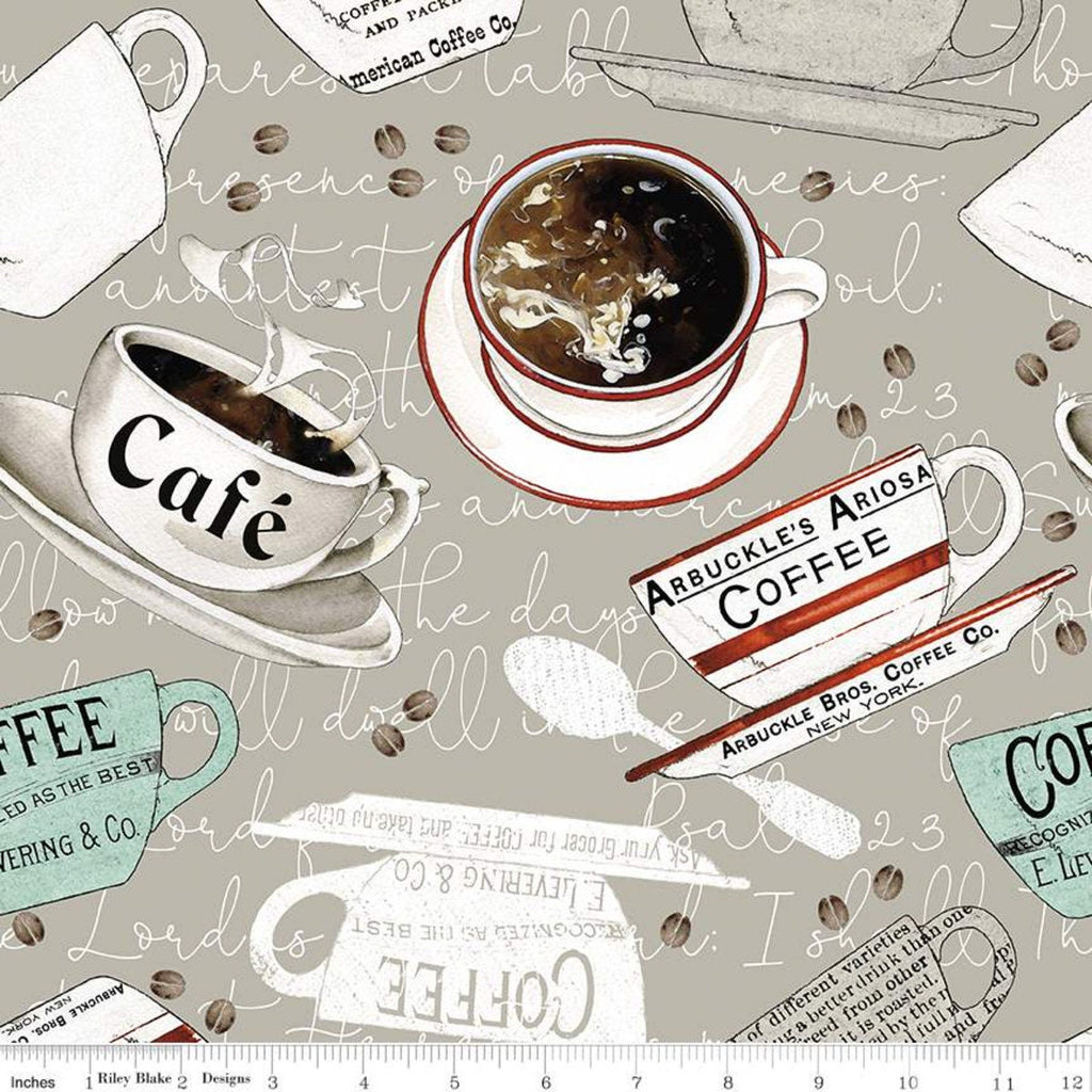 SALE Coffee Chalk Cups CD11034 Taupe - Riley Blake - DIGITALLY PRINTED Coffee Cups on Script Background Gray Beige - Quilting Cotton
