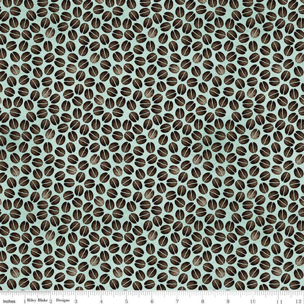 SALE Coffee Chalk Bean Toss C11037 Aqua - Riley Blake Designs - Coffee Beans on Blue - Quilting Cotton Fabric