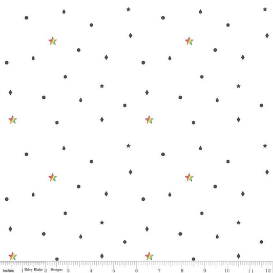 SALE Hush Hush Rainbow Scatter C11178 - Riley Blake Designs - Low Volume Black Shapes Rainbow Stars on White - Quilting Cotton Fabric