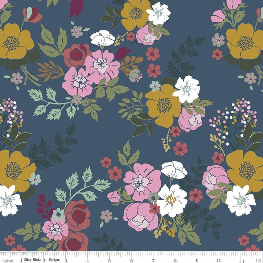 Whimsical Romance Main C11080 Denim - Riley Blake Designs - Floral Flowers Blue - Quilting Cotton Fabric