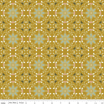 9" End of Bolt Piece - SALE Whimsical Romance Scroll C11081 Gold - Riley Blake Designs - Floral Flowers Medallions - Quilting Cotton Fabric