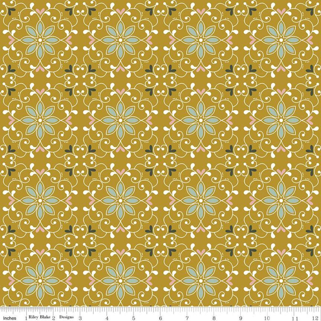 Whimsical Romance Scroll C11081 Gold - Riley Blake Designs - Floral Flowers Medallions - Quilting Cotton Fabric