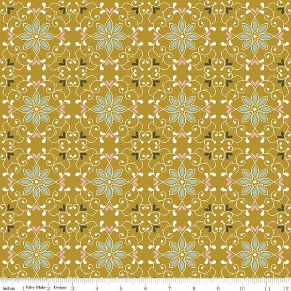 SALE Whimsical Romance Scroll C11081 Gold - Riley Blake Designs - Floral Flowers Medallions - Quilting Cotton Fabric