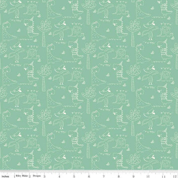 SALE Eat Your Veggies! Dinosaurs C11111 Teal - Riley Blake Designs - Outlined Dinosaurs Trees Children's Juvenile - Quilting Cotton Fabric