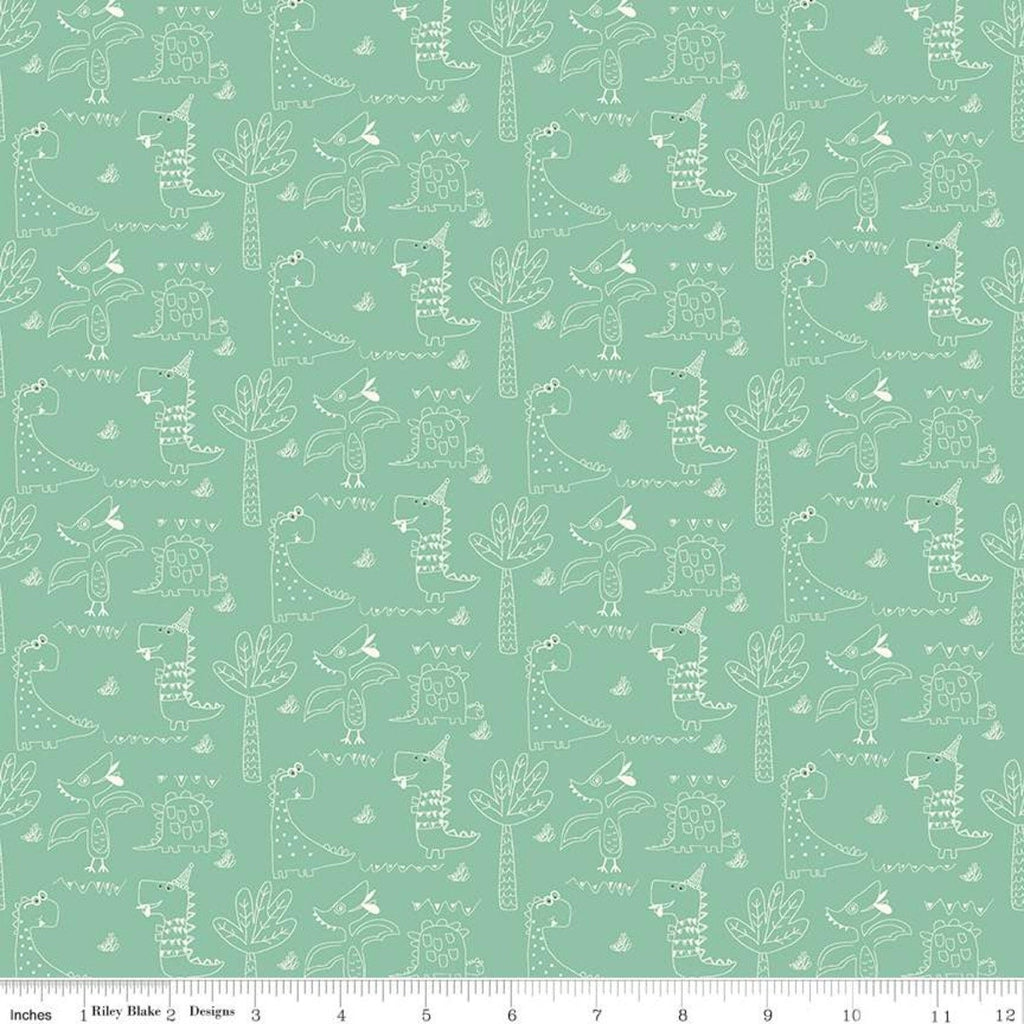 Eat Your Veggies! Dinosaurs C11111 Teal - Riley Blake Designs - Outlined Dinosaurs Trees Children's Juvenile - Quilting Cotton Fabric