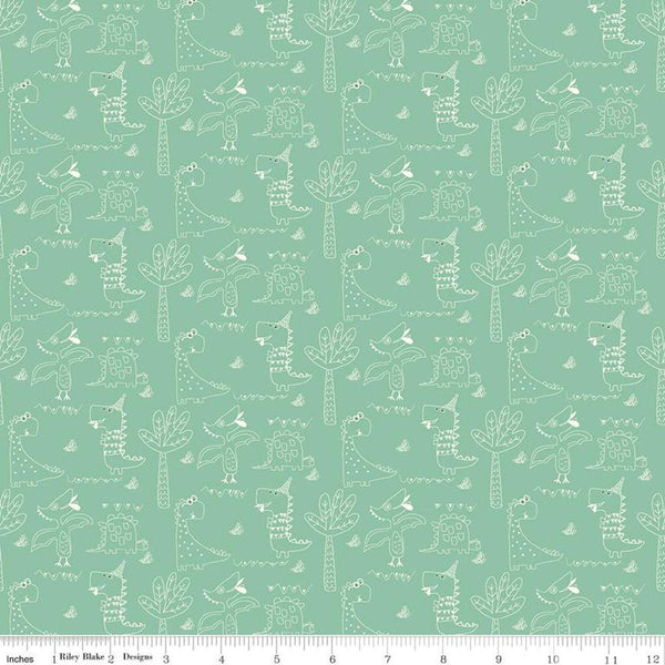 SALE Eat Your Veggies! Dinosaurs C11111 Teal - Riley Blake Designs - Outlined Dinosaurs Trees Children's Juvenile - Quilting Cotton Fabric