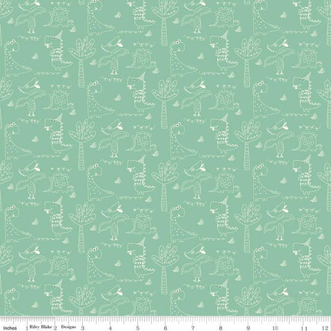 Eat Your Veggies! Dinosaurs C11111 Teal - Riley Blake Designs - Outlined Dinosaurs Trees Children's Juvenile - Quilting Cotton Fabric