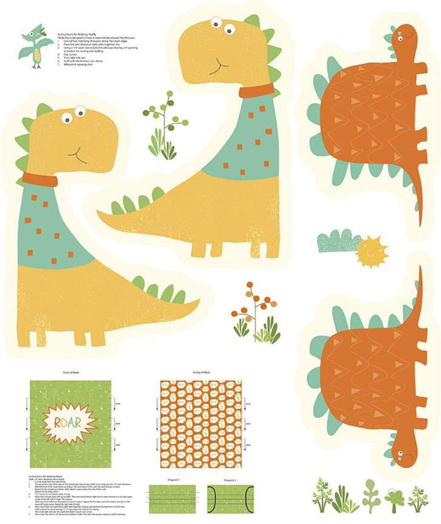 CLEARANCE Eat Your Veggies! Stuffy Panel P11118 by Riley Blake - Stuffed Dinosaurs Face Masks - Quilting Cotton Fabric