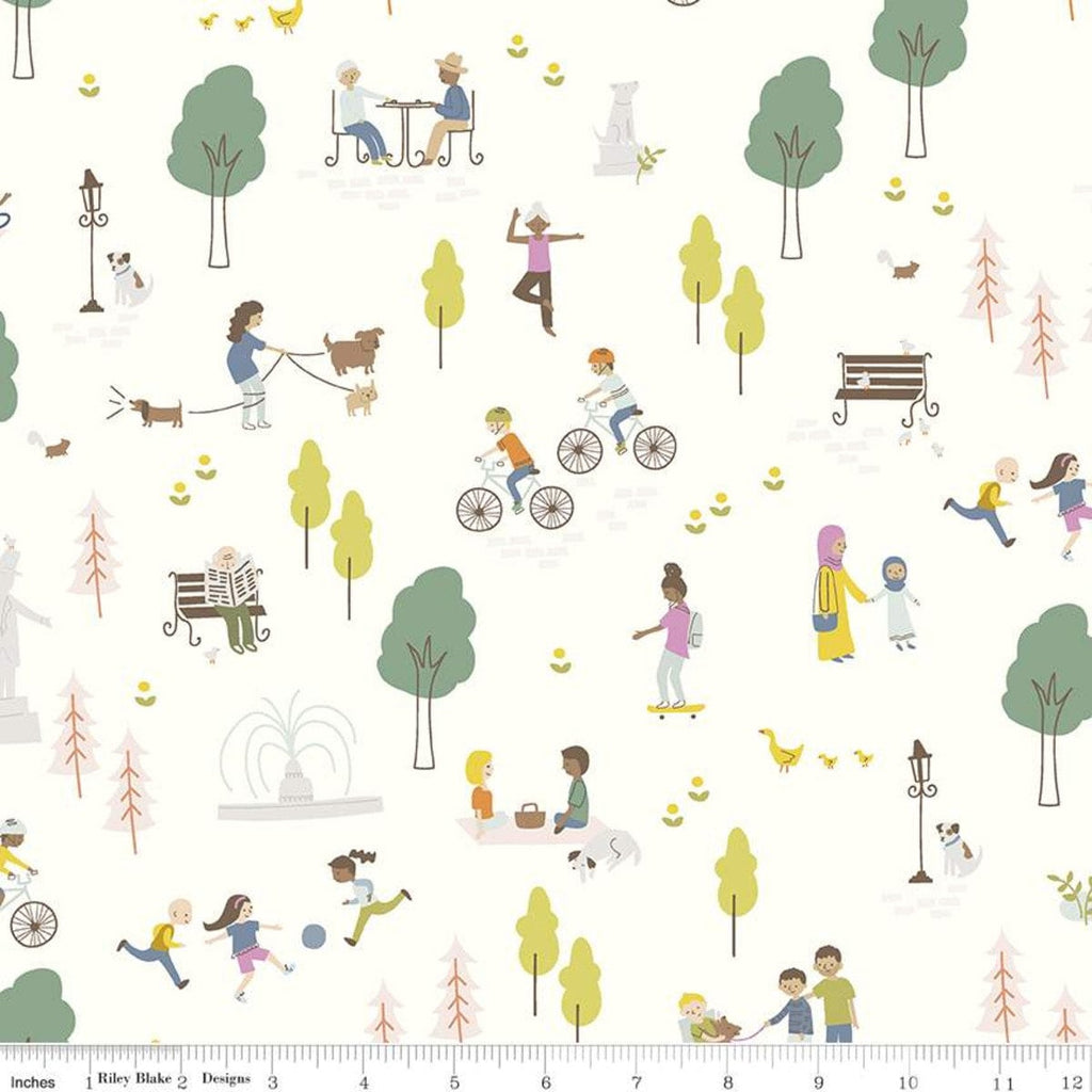 CLEARANCE Community Main C11100 Cream - Riley Blake  - Park Scenes Bicycles Skateboards Picnics Dogs Ducks - Quilting Cotton