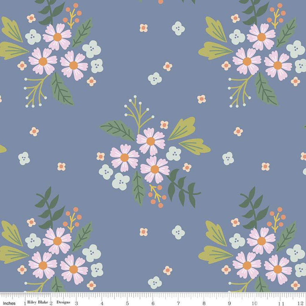 13" End Of Bolt Piece - SALE Community Floral C11102 Blue - Riley Blake Designs - Floral Flowers - Quilting Cotton Fabric