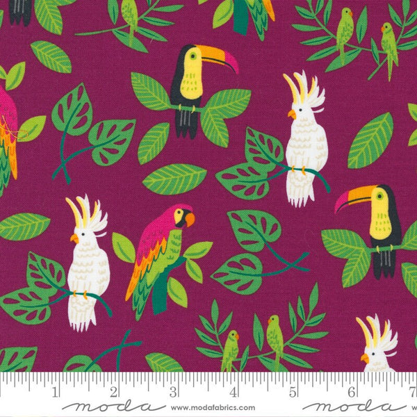 CLEARANCE Jungle Paradise Birds in Paradise 20782 Magenta - Moda Fabrics - Parrots Cockatiels Toucans Leaves Pink - Quilting Cotton Fabric