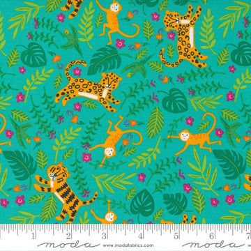 Fat Quarter End of Bolt SALE Jungle Paradise Jungle Fun 20783 Peacock-Moda Fabrics-Tigers Monkeys Leopard Leaves Blue-Quilting Cotton Fabric