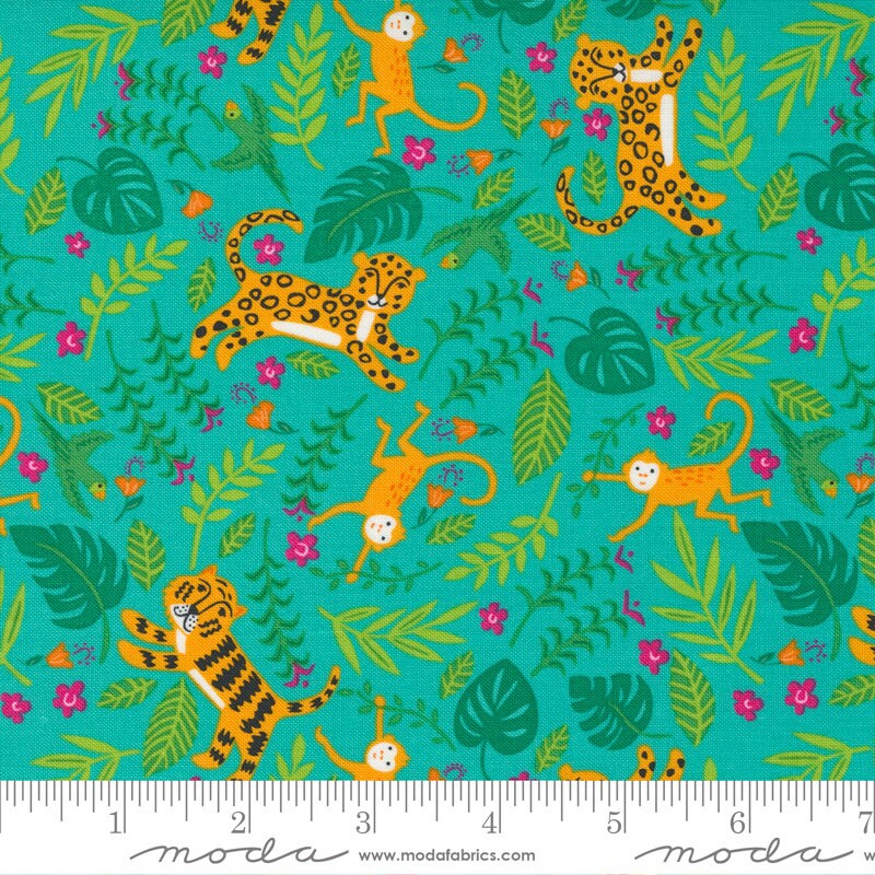 SALE Jungle Paradise Jungle Fun 20783 Peacock - Moda Fabrics - Tigers Monkeys Birds Leopards Leaves Turquoise Blue - Quilting Cotton Fabric