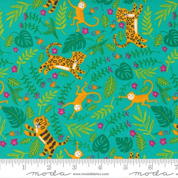 SALE Jungle Paradise Jungle Fun 20783 Peacock - Moda Fabrics - Tigers Monkeys Birds Leopards Leaves Turquoise Blue - Quilting Cotton Fabric