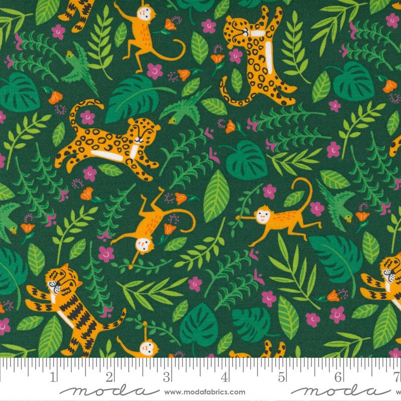 SALE Jungle Paradise Jungle Fun 20783 Palm - Moda Fabrics - Tigers Monkeys Birds Leopards Leaves Green - Quilting Cotton Fabric