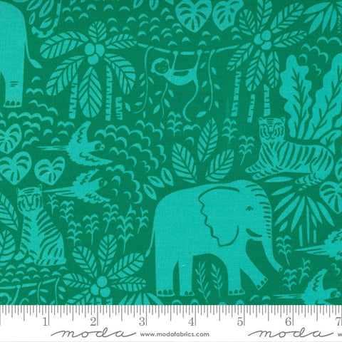 CLEARANCE Jungle Paradise The Jungle Scene 20785 Monstera - Moda - Tigers Elephants Birds Leaves Green - Quilting Cotton Fabric
