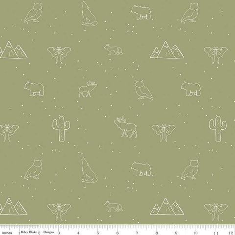 SALE Beneath the Western Sky Animals C11194 Green - Riley Blake Designs - Outlined Animals Mountains Cactus - Quilting Cotton Fabric