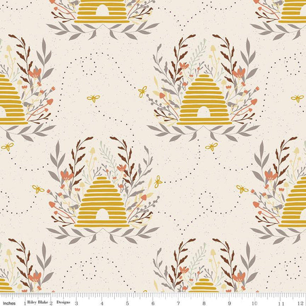 CLEARANCE Harmony Main C11090 Cream - Riley Blake Designs - Beehives Bees Bee Leaves - Quilting Cotton Fabric