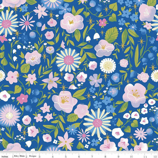15" End of Bolt - Little Brier Rose Floral SC11071 Midnight SPARKLE - Riley Blake - Flowers Antique Gold SPARKLE Blue-Quilting Cotton Fabric