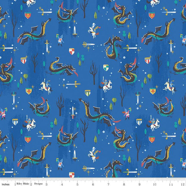 SALE Little Brier Rose Dragons SC11072 Midnight SPARKLE - Riley Blake Designs - Knights Antique Gold SPARKLE Blue - Quilting Cotton Fabric