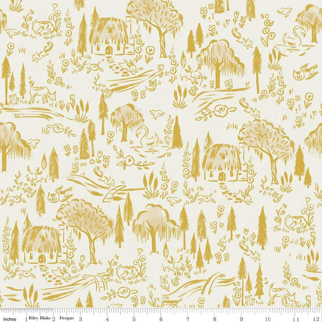 Little Brier Rose Woodland SC11074 Parchment SPARKLE - Riley Blake - Trees Animals Antique Gold SPARKLE - Quilting Cotton Fabric