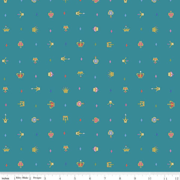 CLEARANCE Little Brier Rose Crown SC11075 Teal SPARKLE - Riley Blake - Antique Gold SPARKLE - Quilting Cotton Fabric