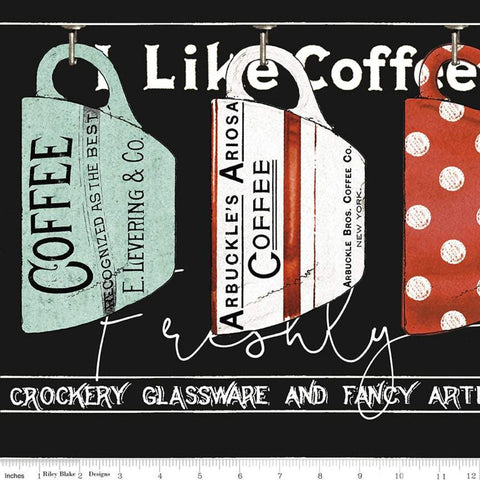 Coffee Chalk Border Stripe C11031 Black - Riley Blake Designs - Hanging Coffee Cups - Quilting Cotton Fabric - 24" repeat