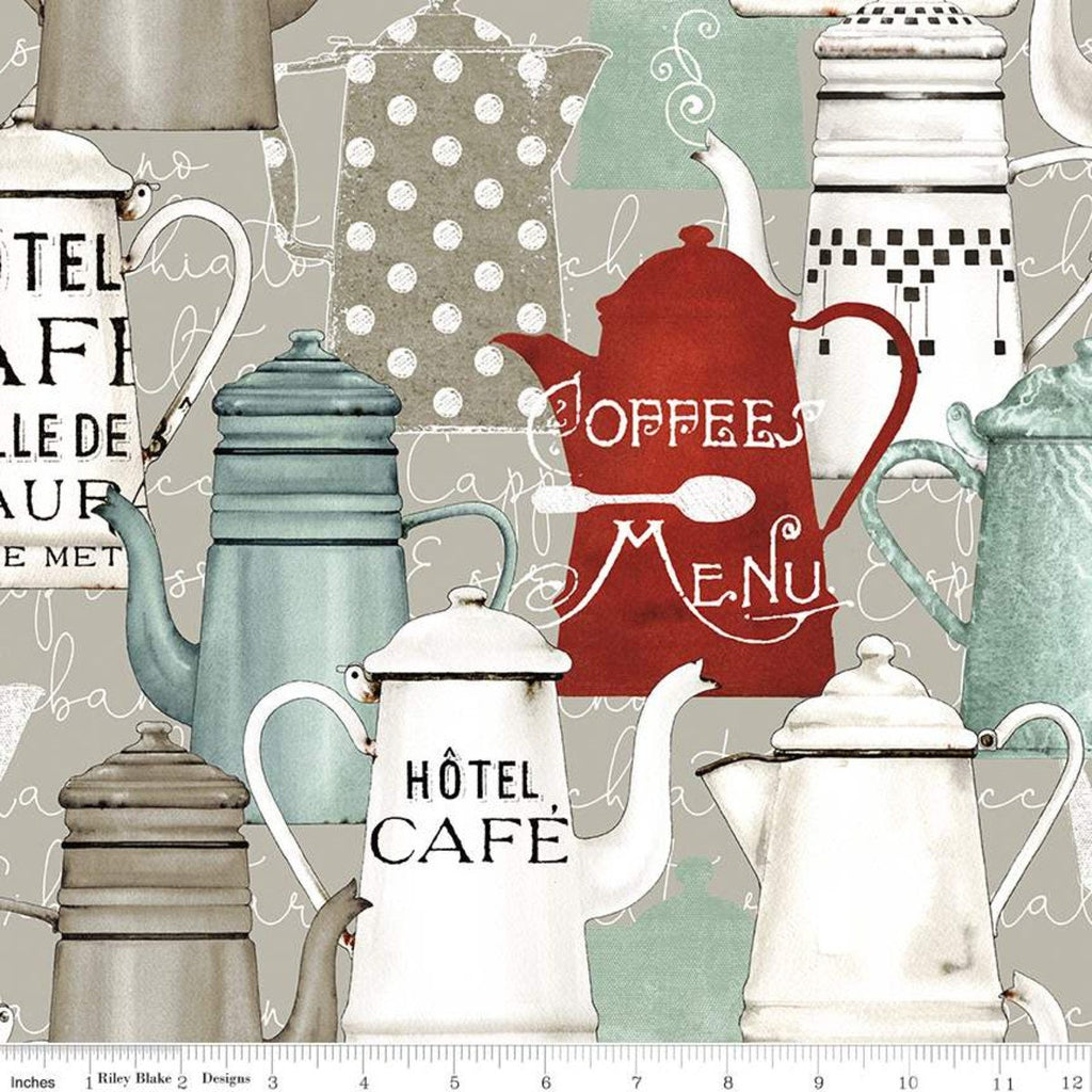 SALE Coffee Chalk Pots CD11033 Taupe - Riley Blake - DIGITALLY PRINTED Coffee Pots on Script Background Gray Beige - Quilting Cotton